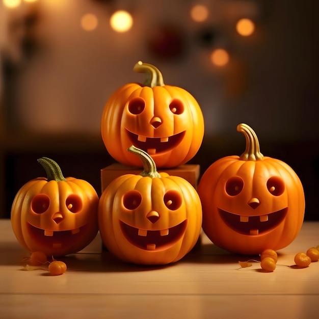 Cztery Małe, Ułożone Obok Siebie, Uśmiechnięte, Wydłubane Dynie Jackolantern Na Rozmazanym Tle, Obraz Halloween