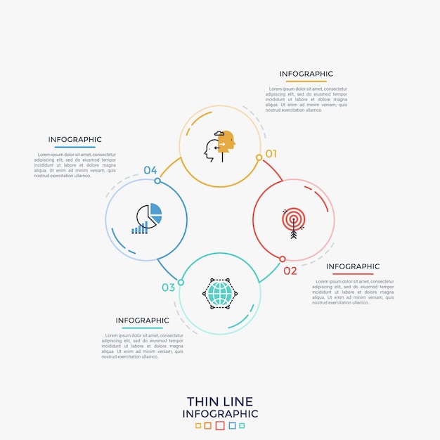Cztery Okrągłe Elementy Z Liniowymi Piktogramami I Cyframi W środku Połączone W Schemat Podobny Do Pierścienia. Wizualizacja Procesów Cyklicznych. Minimalny Szablon Projektu Plansza. Ilustracja Wektorowa Nowoczesne.
