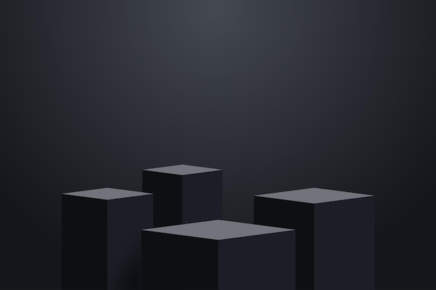 Cztery realistyczne ciemne sceny platformy z pustymi cokołami w kształcie ubic podium 3d do wyświetlania produktów