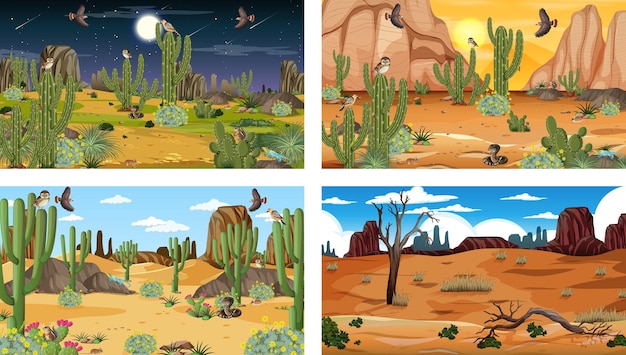 Plik wektorowy cztery różne sceny krajobrazu pustynnego lasu ze zwierzętami i roślinami