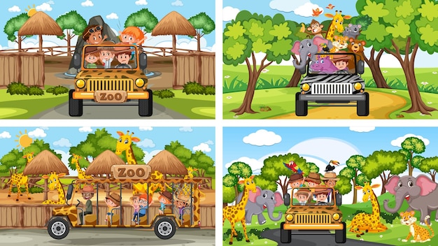 Cztery Różne Sceny Zoo Z Dziećmi I Zwierzętami