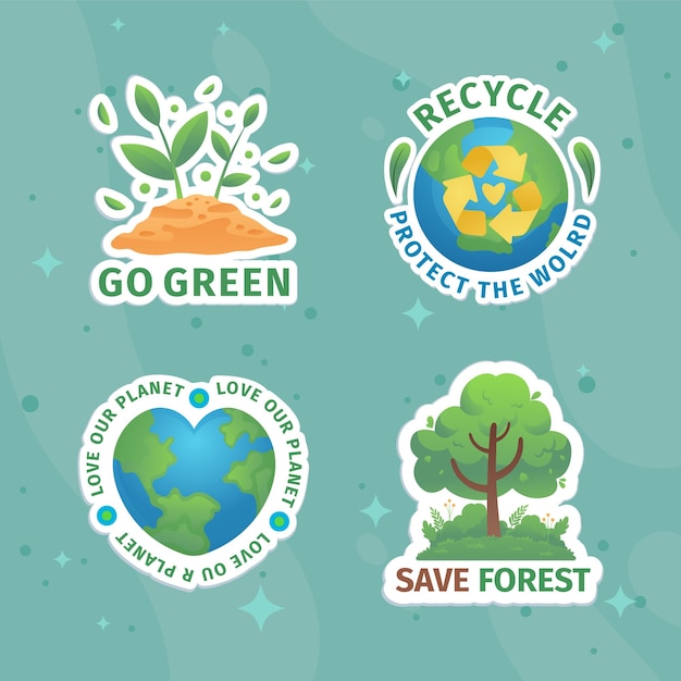 Cztery zielone naklejki promujące recykling, miłość do naszej planety, zachowanie środowiska i oszczędzanie lasów