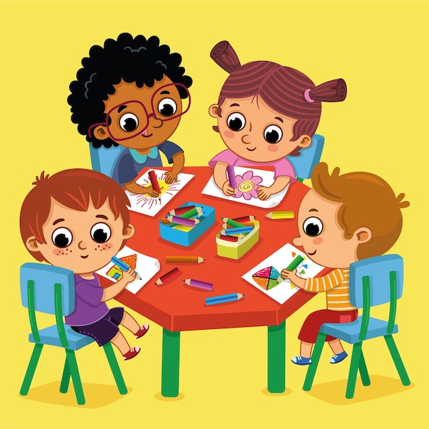 Plik wektorowy czworo dzieci w przedszkolu szczęśliwie rysuje kolorowe obrazki ilustracja wektorowa