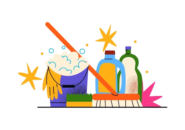 Plik wektorowy czyszczenie domu z kreskówek koncepcja czystości abstrakcyjne kształty szczotka gąbka spray szmatka pranie mach