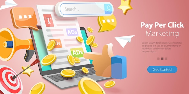 D izometryczny wektor płaski koncepcyjna ilustracja kampanii marketingowej płatnej online z opłatą za kliknięcie