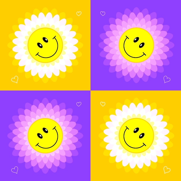 Plik wektorowy daisy kwiat twarz uśmiech. dobre wibracje i pozytywne emocje. lata 90-te w stylu retro. kolorowe tło