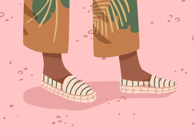 Plik wektorowy damskie espadryle z płócienną platformą. kobiece stopy w wygodnym tekstylnym obuwiu ekologicznym. nowoczesne buty z tkaniny bawełnianej. letnie stylowe obuwie płaskie wektor ilustracja kreskówka.
