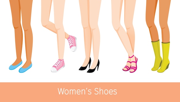 Plik wektorowy damskie nogi z różną skórą i typami butów, kobiety stojące