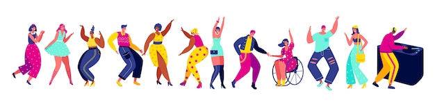Dancingowi Ludzie Ręka Rysują Odosobnionych Postać Z Kreskówki, Ilustracja. Mężczyźni I Kobiety Tańczą Na Imprezie, Zabawa Klub Muzyczny Aktywny Wypoczynek. Postaci Z Kreskówek śmieszne Ludzie Nowoczesny Styl