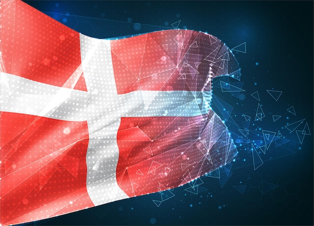 Dania, flaga wektorowa, wirtualny abstrakcyjny obiekt 3D z trójkątnych wielokątów na niebieskim tle