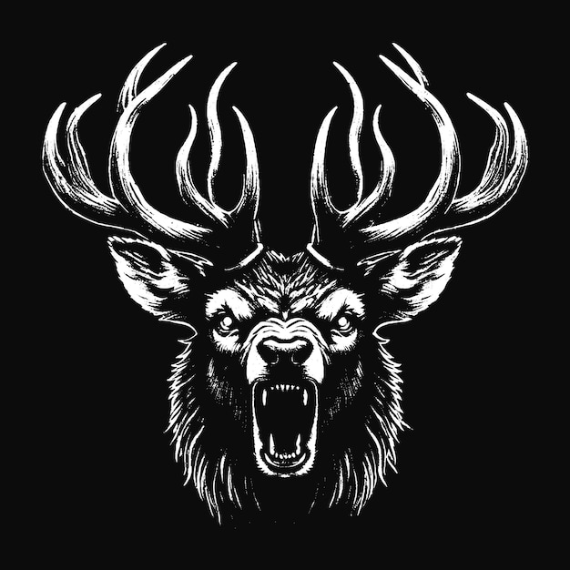 Plik wektorowy dark art deer stag beast with big horn animal skull horror vintage grunge style ilustracja dla merch