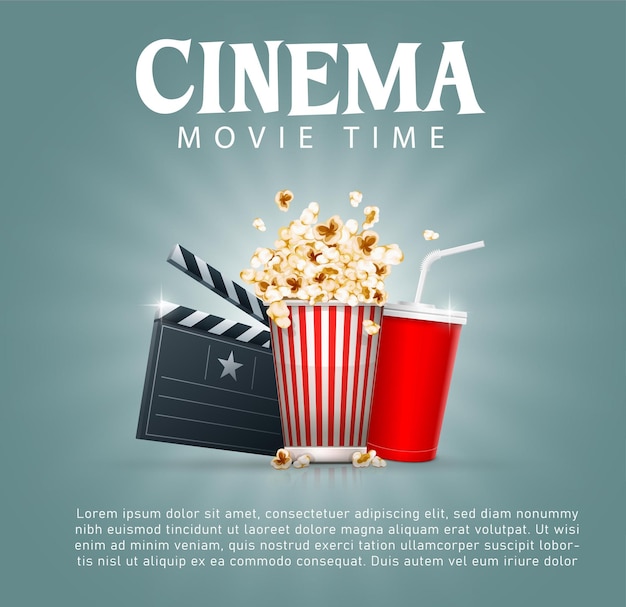 Darmowy wektor baner kinowy, czas na film z popcornem. baner kinowy z popcornem, napojami, grzechotką.