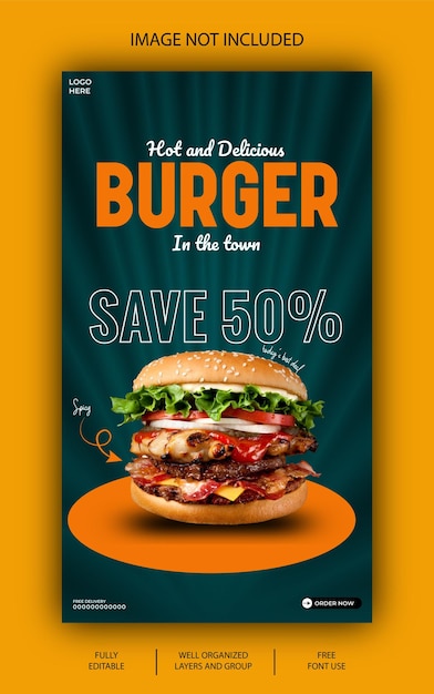 Darmowy wektor EPS Pyszny burger i jedzenie menu Instagram i szablon historii na Facebooku