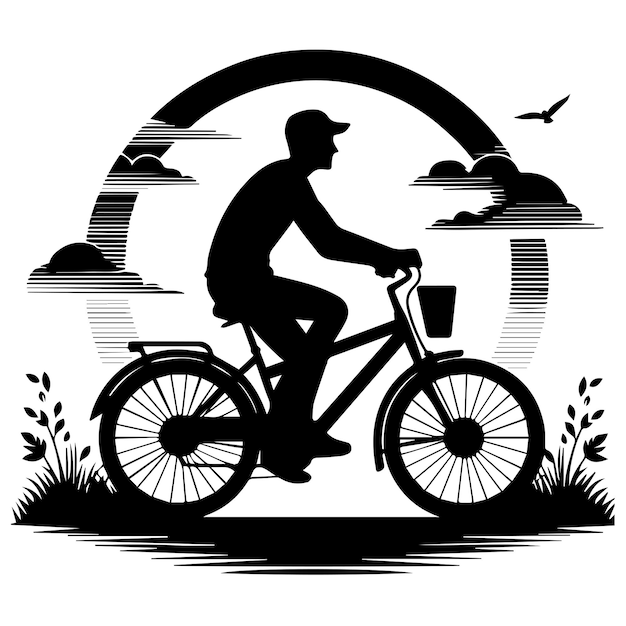 Darmowy wektor, ręcznie rysowany mężczyzna jadący na rowerze, sylwetka na białym tle