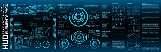 Dashboard niebieski wyświetlacz technologia wirtualnej rzeczywistości ekran HUD futurystyczny interfejs użytkownika docelowy zestaw elementów HUD mega pack