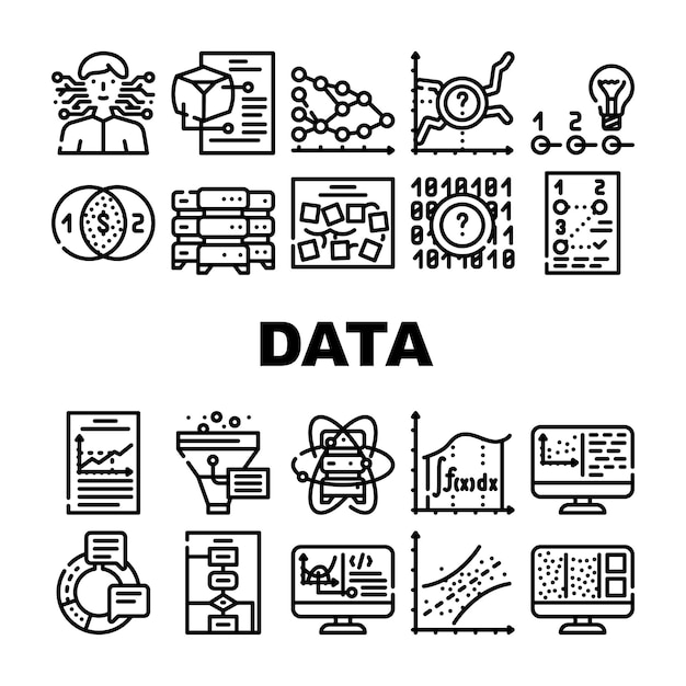 Data Science Innovate Technology Icons Set Vector Analysis And Research Data Science Software Algorytm I Programowanie Komputer Kwantowy I Ilustracje Konturowe Serwera