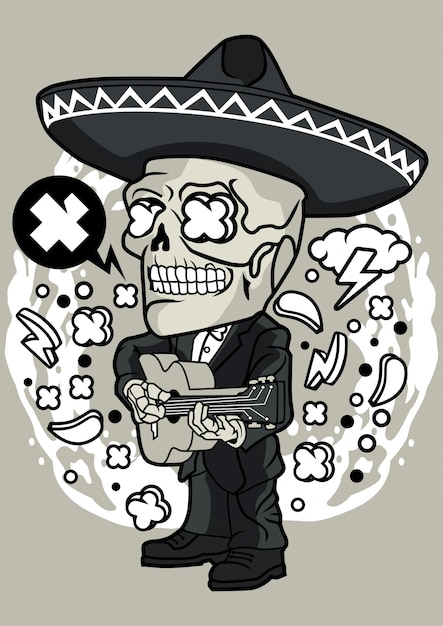 Day Of The Dead, Czaszka Gra Na Gitarze Ilustracji