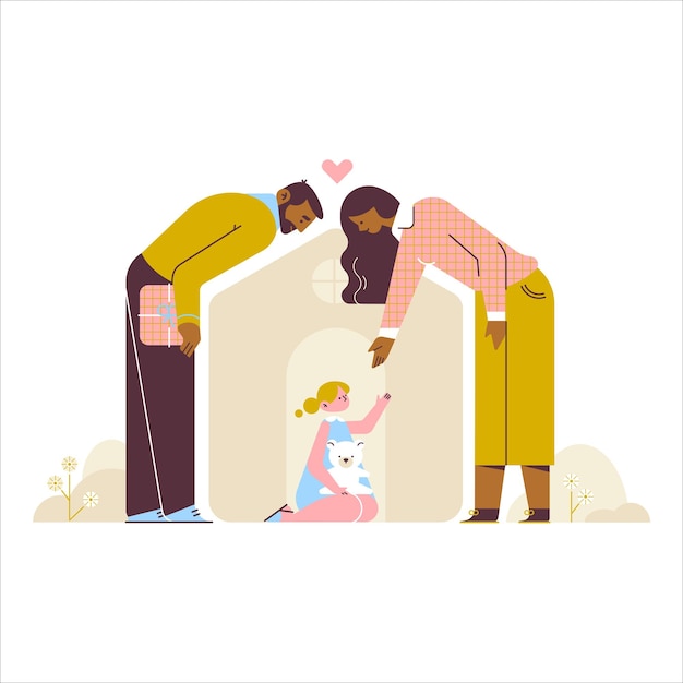 Dbająca rodzina Ojciec matka i córka w domu Ilustracja wektorowa płaska