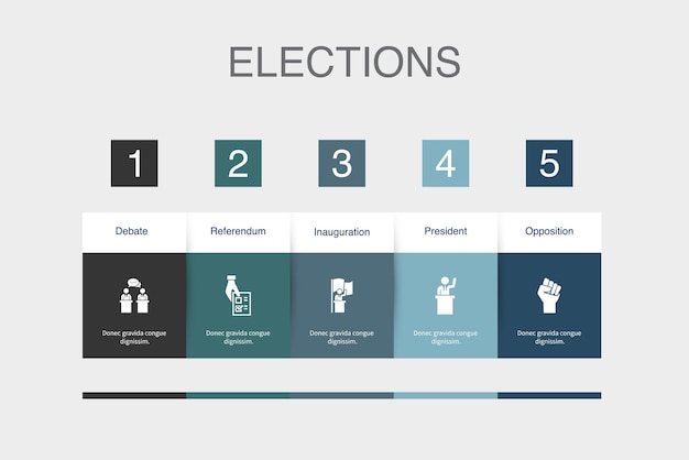 Debata Referendum Inauguracja prezydent Ikony opozycji Infografika szablon układu projektu Koncepcja kreatywnej prezentacji z 5 krokami