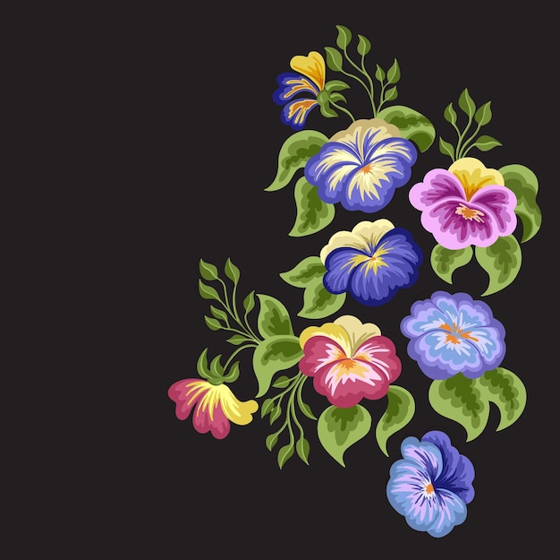 dekoracja dzikich kwiatów stylizowana jasne pansy ilustracja wektorowa