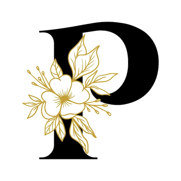Plik wektorowy dekoracja kwiatowa z literą p z ręcznie narysowanymi kwiatami i liśćmi
