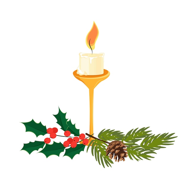 Plik wektorowy dekoracja świąteczna jagody jemioły jodła z szyszką i płonącą świeczką