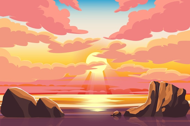 Dekoracje oceanu morskiego o zachodzie słońca z ilustracją wektora pomarańczowego słońca