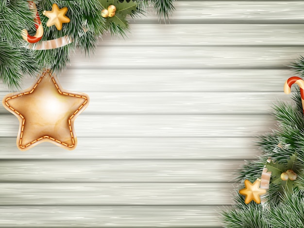 Plik wektorowy dekorację świąteczną z gałęzi jodły na białej desce.