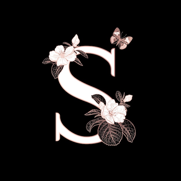 Plik wektorowy dekoracje z literą s kwitnącymi gałęziami sakury i motylem