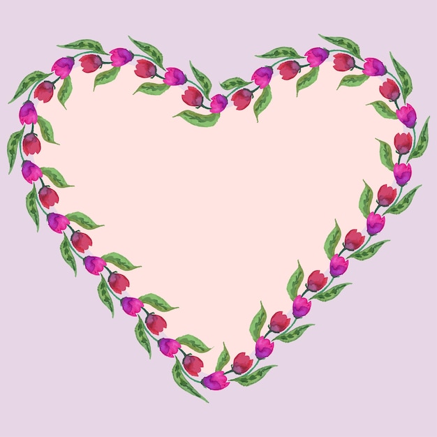 Plik wektorowy dekoracyjna kartka z życzeniami w kształcie kwiatowego serca z akwarelowych różowych tulipanów z zielonymi liśćmi