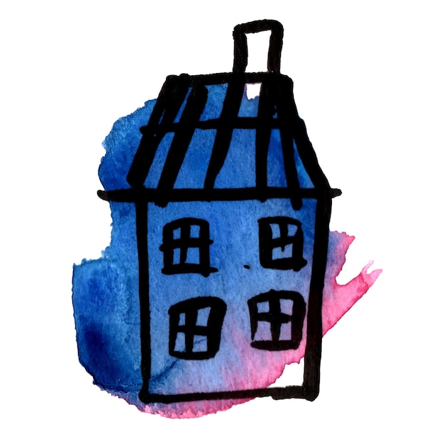 Dekoracyjna Ręcznie Rysowana Graficzna Ilustracja świąteczny Dom Z Niebieską Plamą Akwareli