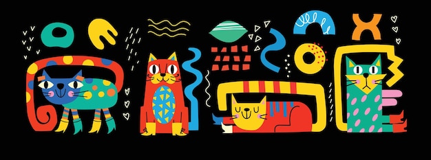 Dekoracyjne abstrakcyjne ilustracje z kolorowymi, bazgrołowymi uroczymi kotami
