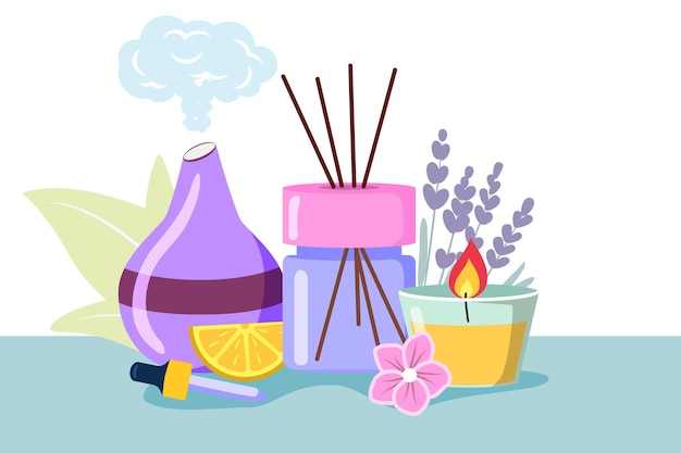 Plik wektorowy dekoracyjny dyfuzor ultradźwiękowy i kwiaty lawendy medytacja i świeżość w domu i aromaterapia