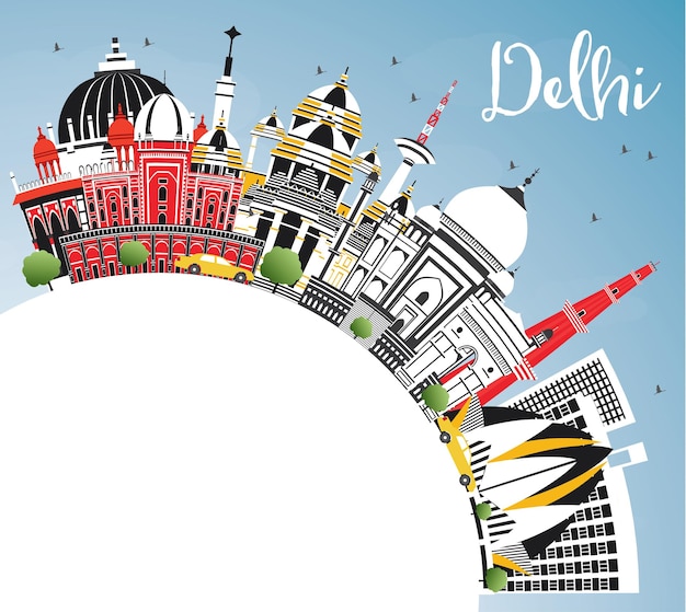 Delhi Indie City Skyline Z Kolorowych Budynków, Błękitne Niebo I Miejsca Kopiowania. Ilustracja Wektorowa. Podróże Służbowe I Koncepcja Turystyki Z Zabytkową Architekturą. Gród Delhi Z Zabytkami.