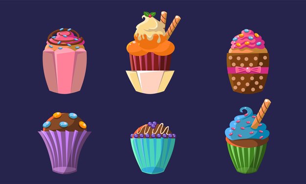 Delicious Cupcakes Set Kolorowe Słodkie Kremowate Desery Ilustracja Wektorowa Na Niebieskim Tle