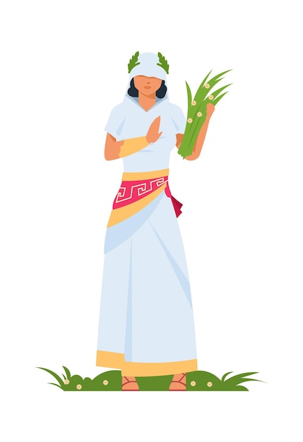 Demeter Grecka Bogini Starożytny Mitologiczny Charakter Bóstwo Płodności I Rolnictwa Kobieta W Białej Sukni I Zielonym Wieńcu Kobieta Trzymająca Kiść Roślin Wektor Boskość Olimpijska