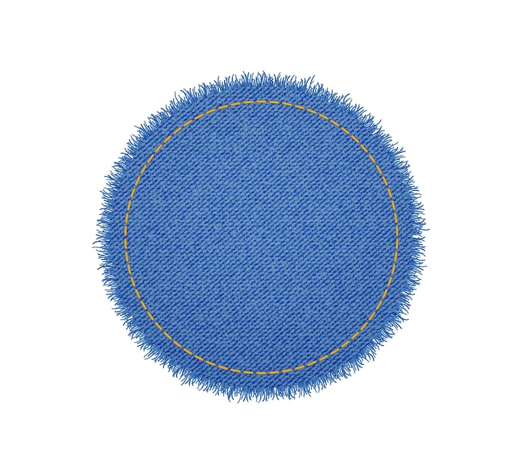 Wektor denim w kształcie koła ze szwami. podarta dżinsowa naszywka ze szwem. realistyczne ilustracja wektorowa na białym tle.
