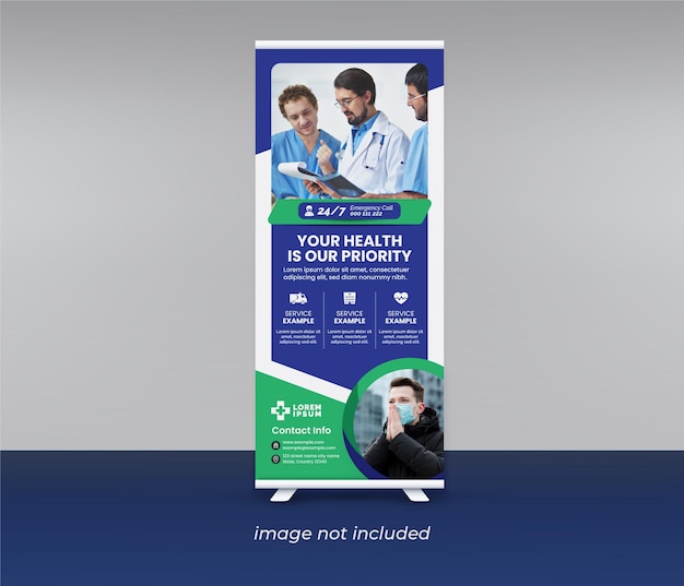 Plik wektorowy dental medical rollup banner marketing szablon z niebieskimi i zielonymi akcentami