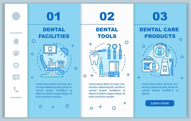 Dental rzeczy onboarding szablon wektor mobilnych stron internetowych. Opieka zdrowotna jamy ustnej. Responsywny pomysł na interfejs strony internetowej dla smartfonów z liniowymi ilustracjami. Ekrany kroków przewodnika po stronie internetowej. Koncepcja kolorystyczna
