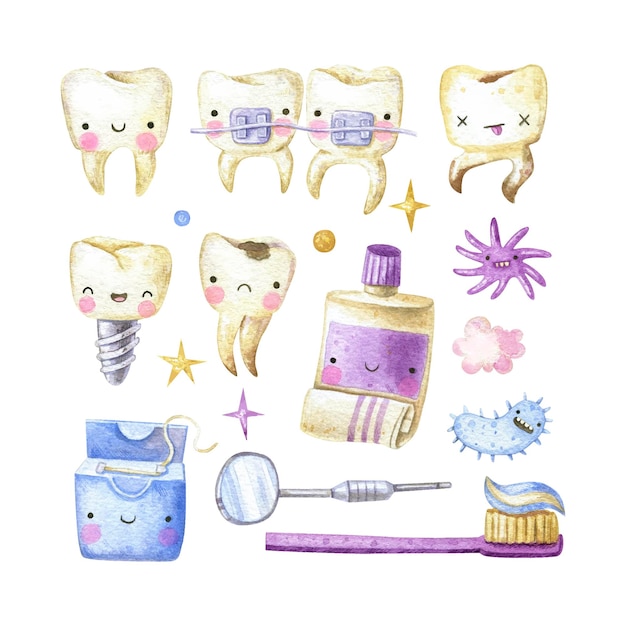 Plik wektorowy dental śliczna kolekcja z zębami pasta do zębów szczoteczka do zębów bakterie nić do zębów
