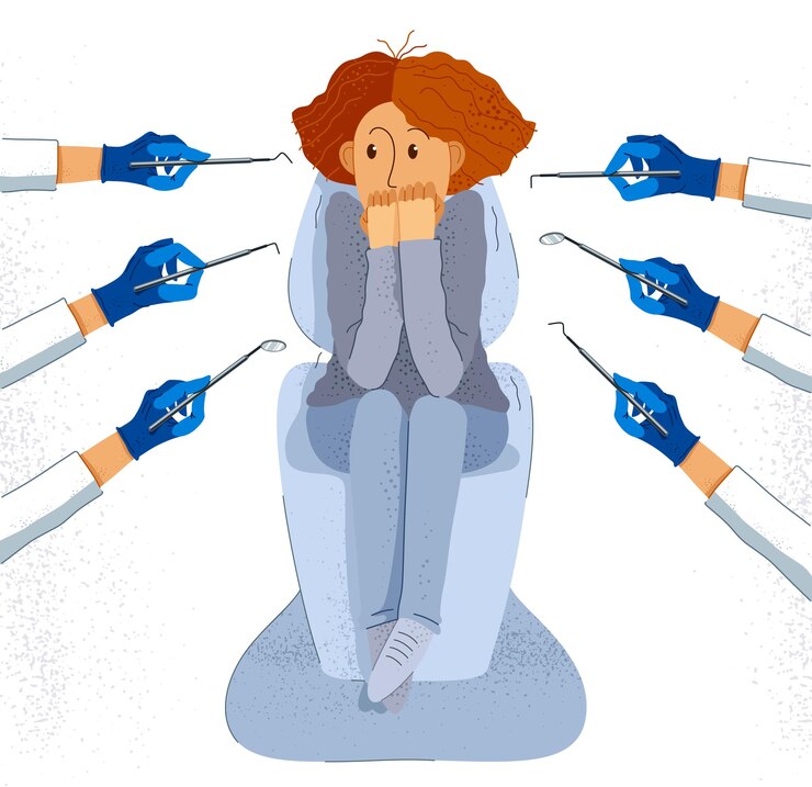 Dentophobia strach przed lekarzem dentystą i bolesnymi zębami, naprawianie ilustracji wektorowych, dziewczyna otoczona rękami dentysty w rękawiczkach z narzędziami dentystycznymi przestraszona atakiem paniki.