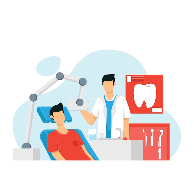 Plik wektorowy dentyści badający pacjentów płci męskiej i żeńskiej leżących na krzesłach