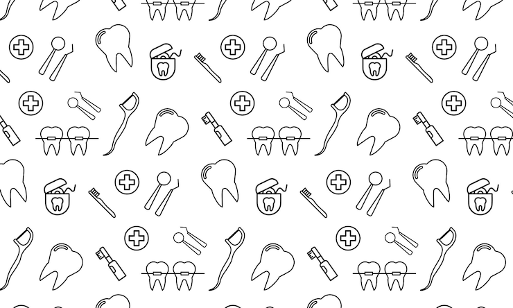 Wektor dentysta bezszwowy wzór z cienką linią ikony instrumenty dentystyczne próchnica pod lupą ortodonta