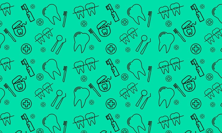 Wektor dentysta bezszwowy wzór z cienką linią ikony instrumenty dentystyczne próchnica pod lupą ortodonta