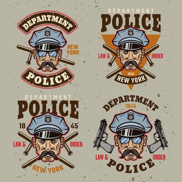 Departament Policji Zestaw Vintage Emblematów Etykiety Odznaki Lub Logo Z Policjantem W Kapeluszu Ilustracji Wektorowych W Stylu Kolorowy Kreskówka Na Jasnym Tle Z Wymiennymi Grunge Tekstury