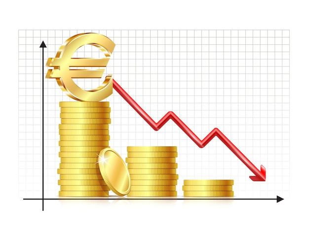 Deprecjacja Euro Inflacja Ikona Recesji Gospodarczej Znak Euro Ze Strzałką W Dół Wykresu I Monety