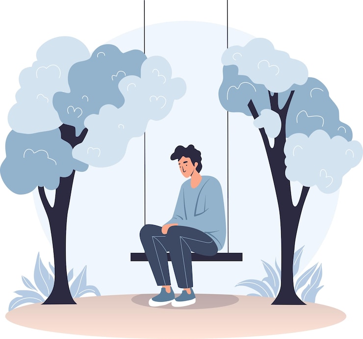 Wektor depresyjny samotny człowiek w smutku i rozpaczy nieszczęśliwy człowiek siedzący na huśtawce w parku koncepcja zdrowia psychicznego wektor kolorowa ilustracja w stylu kreskówki