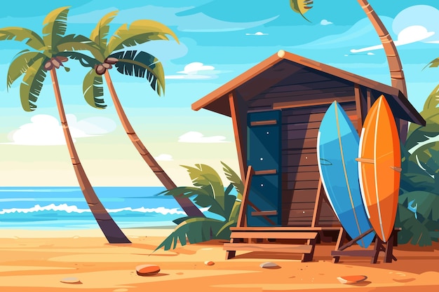Plik wektorowy deski surfingowe na piaszczystej plaży z palmami tropikalnych liści kokosów