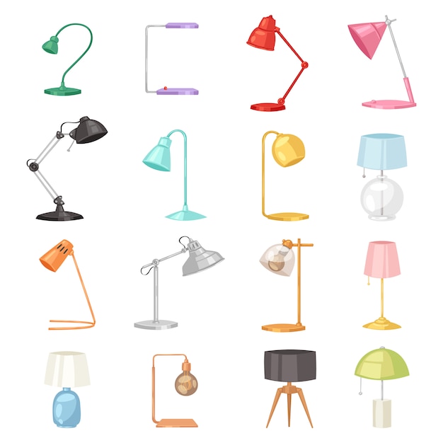 Desklamp i lampa stołowa do dekoracji oświetlenia elektrycznego w biurze lub hotelu ilustracja zestaw sprzętu elektrycznego z żarówką na białym tle