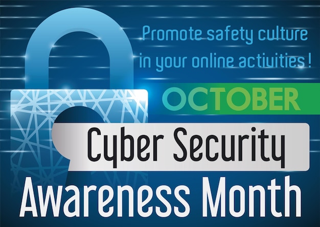 Plik wektorowy deszcz kodów i cybernetyczna kłódka z wiadomością na etykiecie promującą miesiąc świadomości bezpieczeństwa cybernetycznego